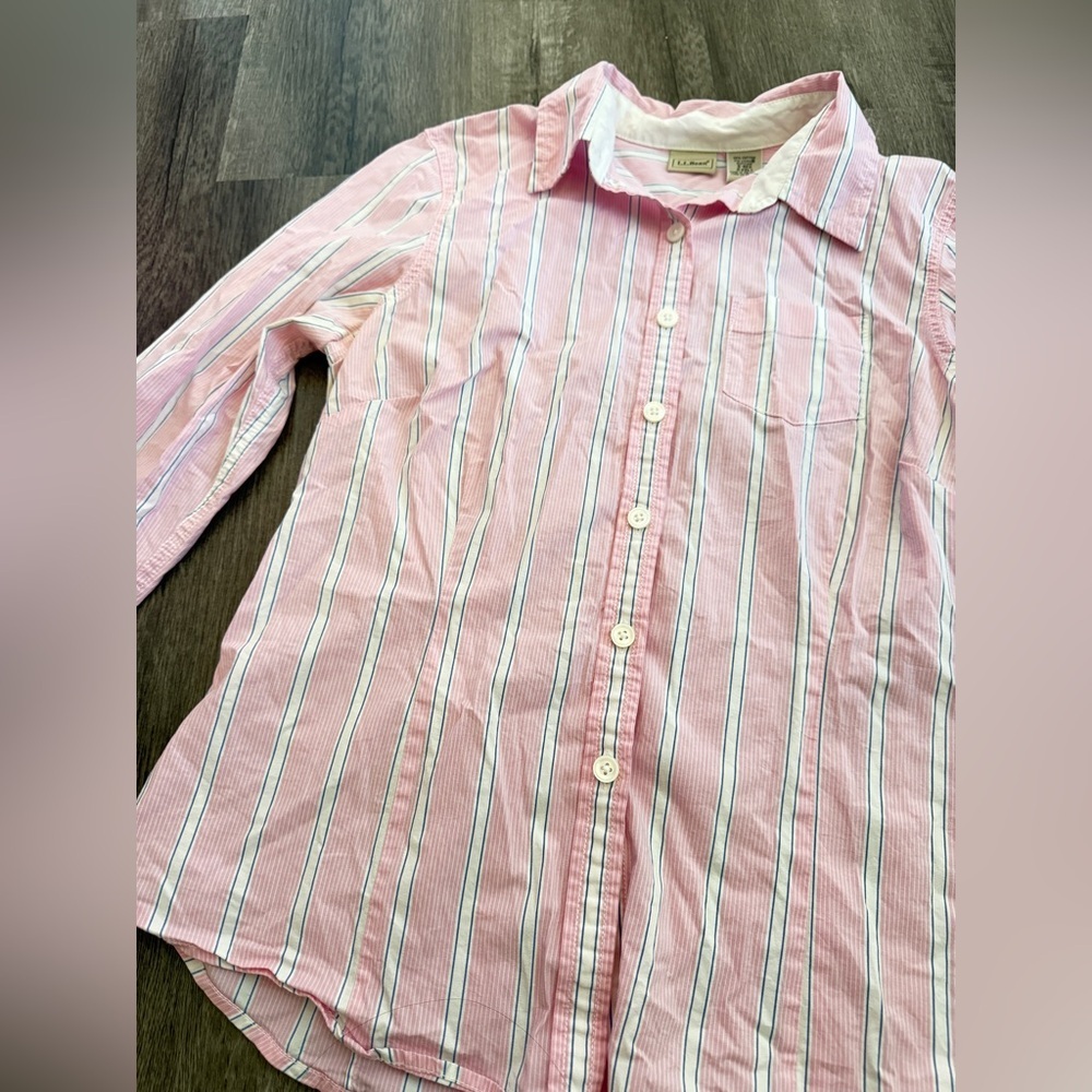 LL Bean Womens Striped Button Down Shirt Pink White Cotton Blend Small Reg - Picture 4 of 9